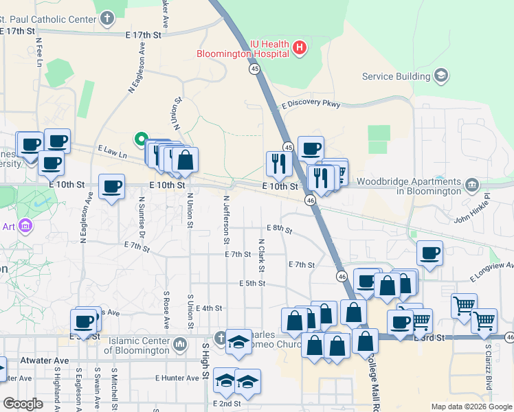 map of restaurants, bars, coffee shops, grocery stores, and more near in Bloomington