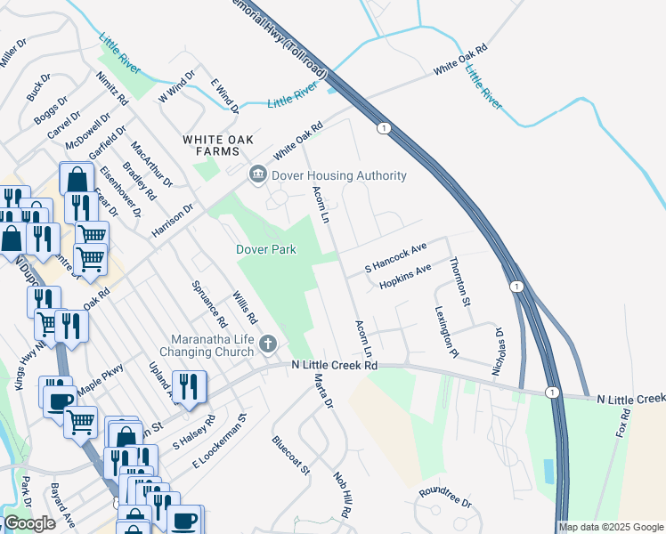 map of restaurants, bars, coffee shops, grocery stores, and more near 273 Acorn Lane in Dover