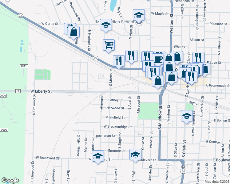 map of restaurants, bars, coffee shops, grocery stores, and more near West Liberty Street in Mexico