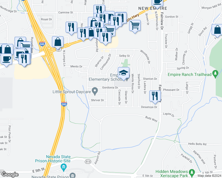 map of restaurants, bars, coffee shops, grocery stores, and more near 3265 Gordonia Drive in Carson City