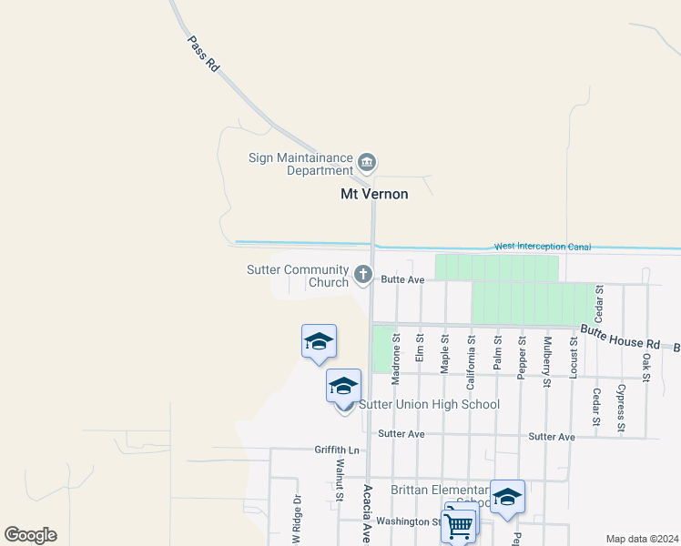 map of restaurants, bars, coffee shops, grocery stores, and more near 7883 Butte Avenue in Sutter