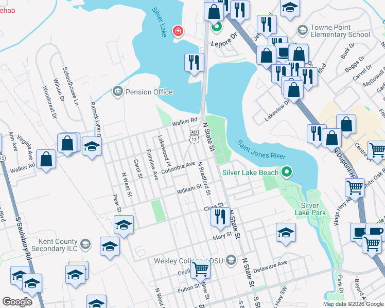 map of restaurants, bars, coffee shops, grocery stores, and more near 645 North Governors Avenue in Dover