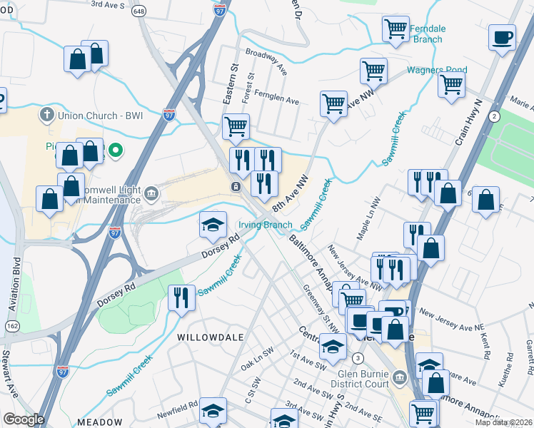 map of restaurants, bars, coffee shops, grocery stores, and more near 398 8th Avenue Northwest in Glen Burnie