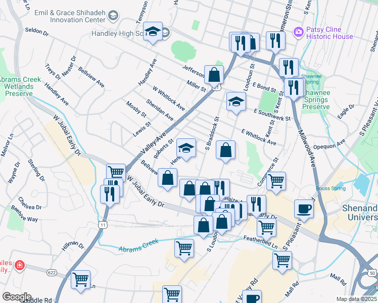map of restaurants, bars, coffee shops, grocery stores, and more near 1623 Henry Avenue in Winchester