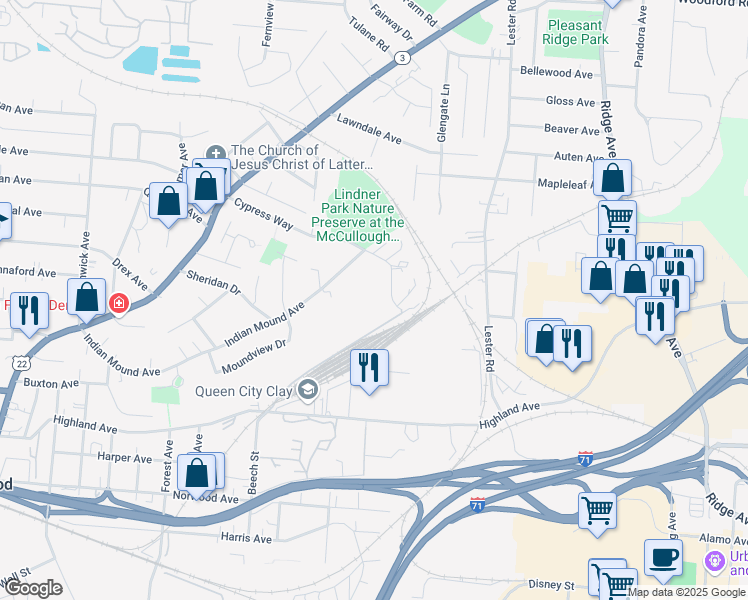 map of restaurants, bars, coffee shops, grocery stores, and more near 5360 Indian Mound Avenue in Cincinnati
