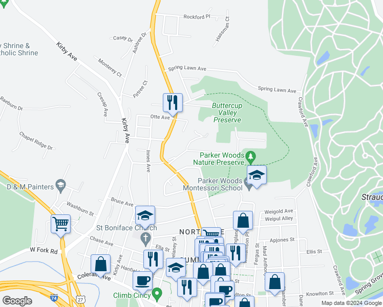 map of restaurants, bars, coffee shops, grocery stores, and more near 1616 Glen Parker Avenue in Cincinnati