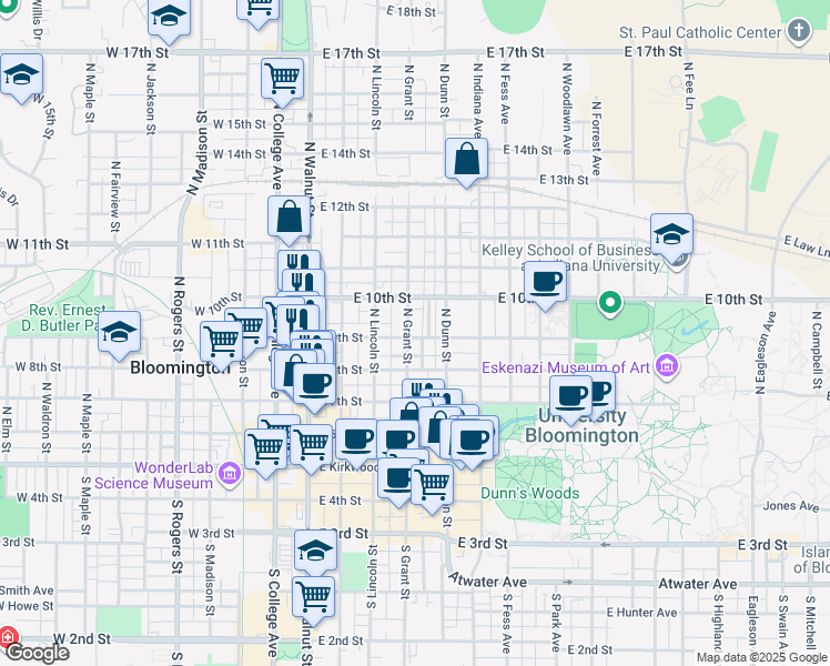 map of restaurants, bars, coffee shops, grocery stores, and more near 515 North Prow Avenue in Bloomington