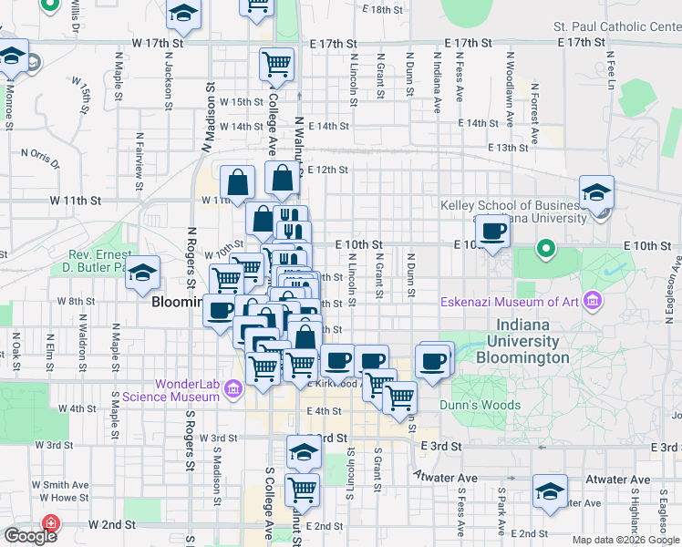 map of restaurants, bars, coffee shops, grocery stores, and more near 514 North Washington Street in Bloomington