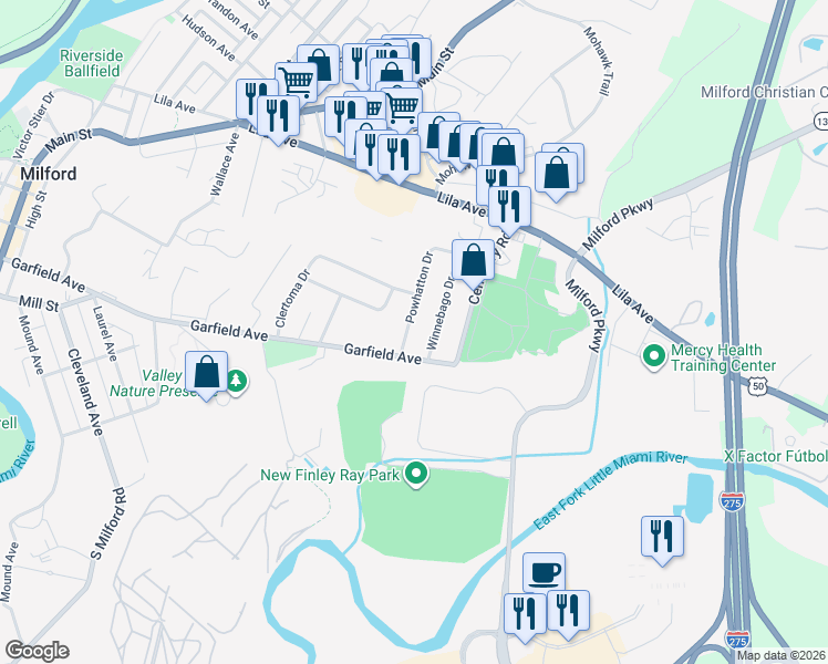 map of restaurants, bars, coffee shops, grocery stores, and more near 15 Powhatton Drive in Milford