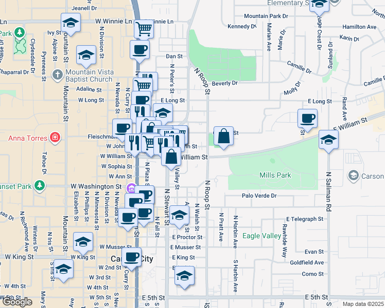 map of restaurants, bars, coffee shops, grocery stores, and more near 444 East William Street in Carson City