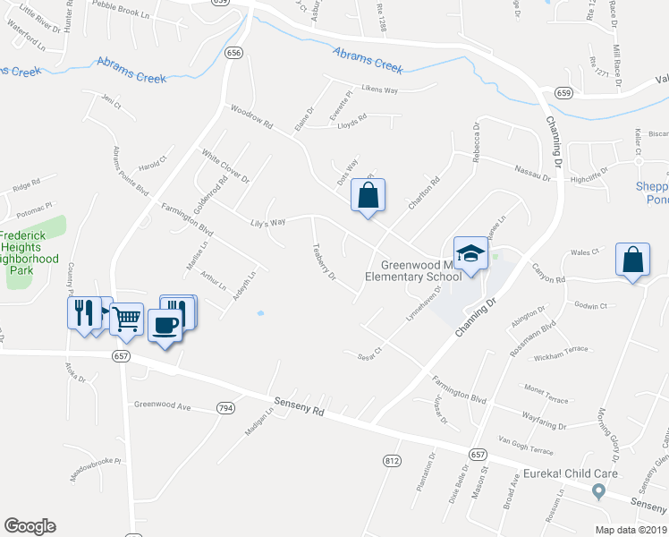 map of restaurants, bars, coffee shops, grocery stores, and more near 117 Teaberry Drive in Winchester
