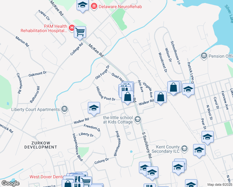 map of restaurants, bars, coffee shops, grocery stores, and more near 53 Village Drive in Dover