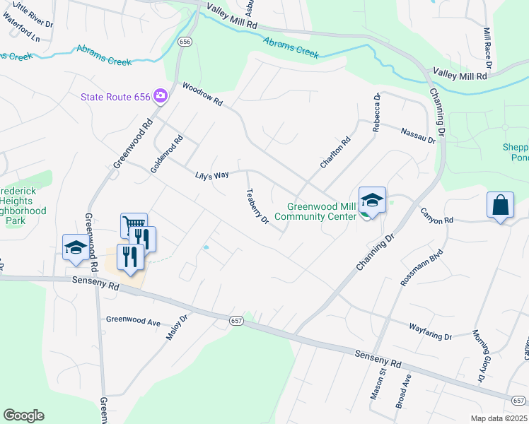 map of restaurants, bars, coffee shops, grocery stores, and more near 117 Teaberry Drive in Winchester