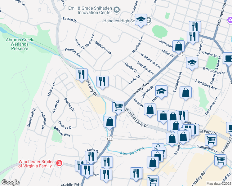 map of restaurants, bars, coffee shops, grocery stores, and more near 440 West Jubal Early Drive in Winchester