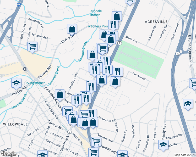 map of restaurants, bars, coffee shops, grocery stores, and more near 7316 Ritchie Highway in Glen Burnie