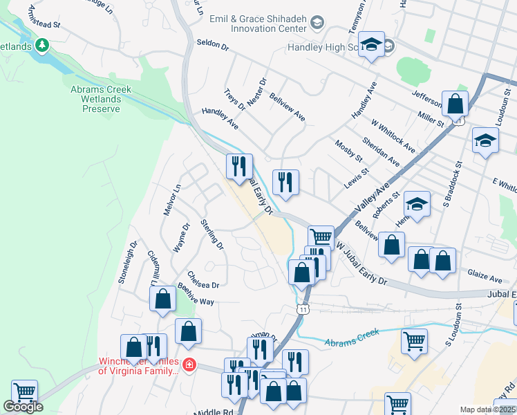 map of restaurants, bars, coffee shops, grocery stores, and more near 1870 Amherst Street in Winchester