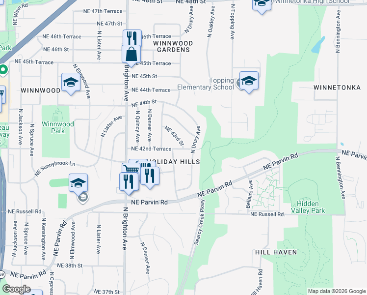 map of restaurants, bars, coffee shops, grocery stores, and more near 6522 Northeast 43rd in Kansas City