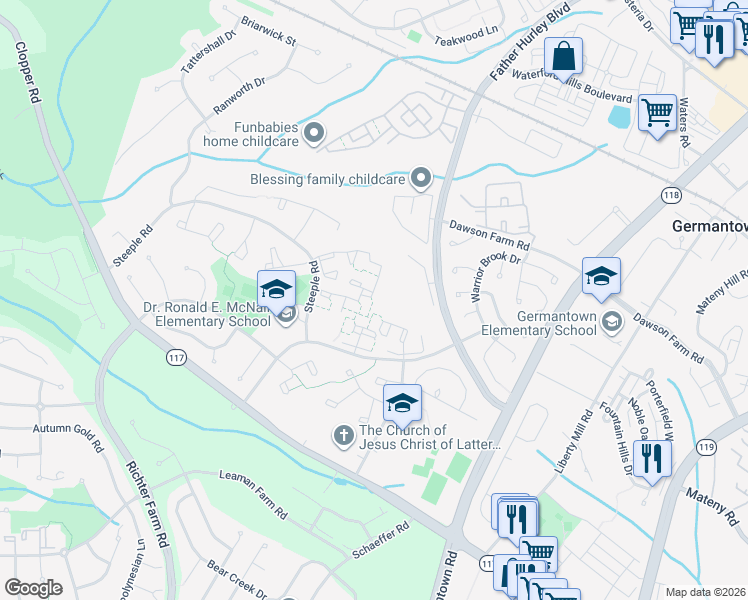 map of restaurants, bars, coffee shops, grocery stores, and more near 18991 Highstream Drive in Germantown