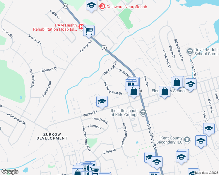 map of restaurants, bars, coffee shops, grocery stores, and more near 31 Ironwood Circle in Dover