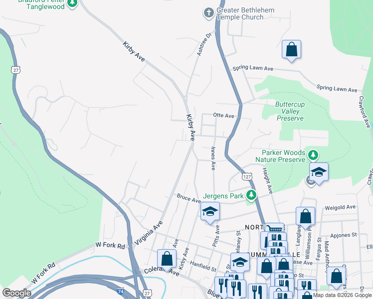 map of restaurants, bars, coffee shops, grocery stores, and more near 4397 Virginia Avenue in Cincinnati