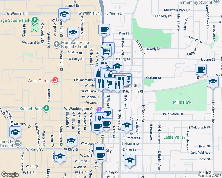 map of restaurants, bars, coffee shops, grocery stores, and more near 203 East John Street in Carson City