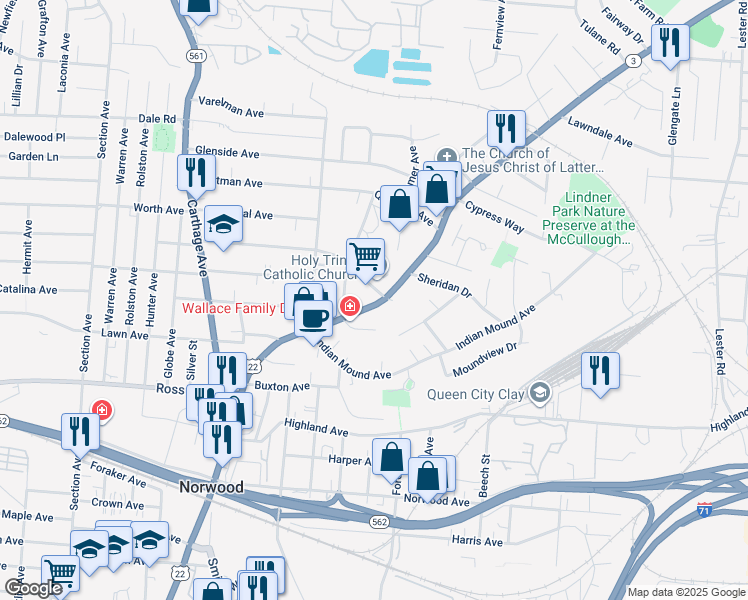 map of restaurants, bars, coffee shops, grocery stores, and more near in Norwood