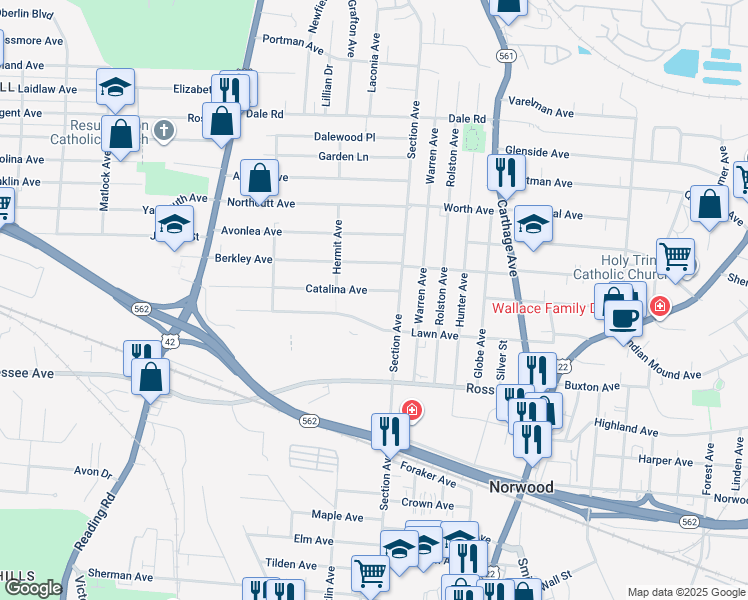 map of restaurants, bars, coffee shops, grocery stores, and more near 1952 Catalina Avenue in Cincinnati