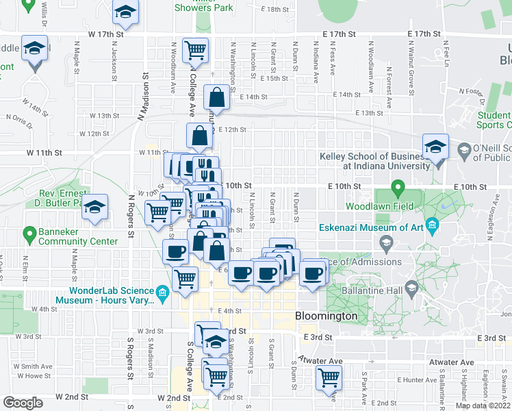 map of restaurants, bars, coffee shops, grocery stores, and more near 515 North Grant Street in Bloomington