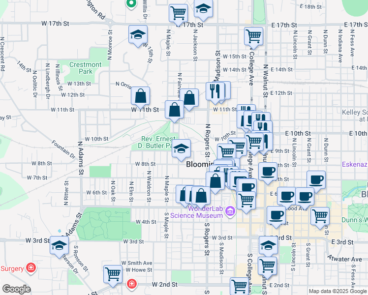 map of restaurants, bars, coffee shops, grocery stores, and more near 524 North Fairview Street in Bloomington