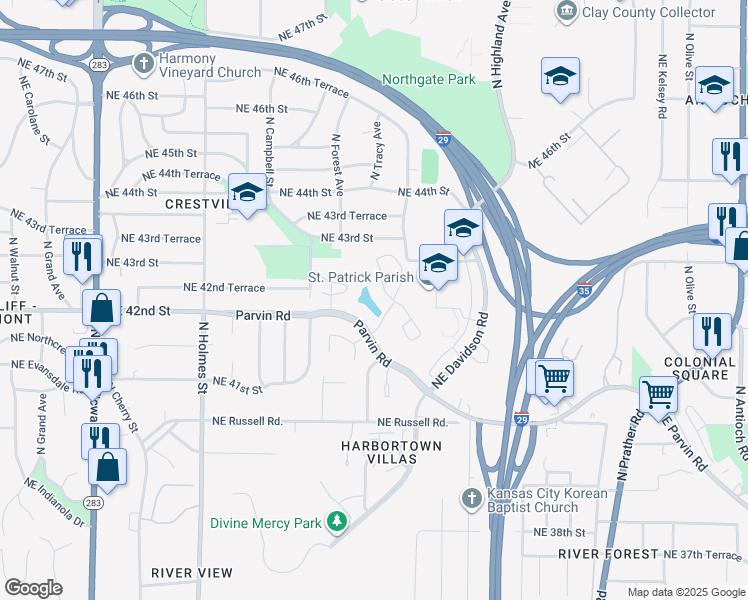 map of restaurants, bars, coffee shops, grocery stores, and more near 1308 Northeast Parvin Road in Kansas City