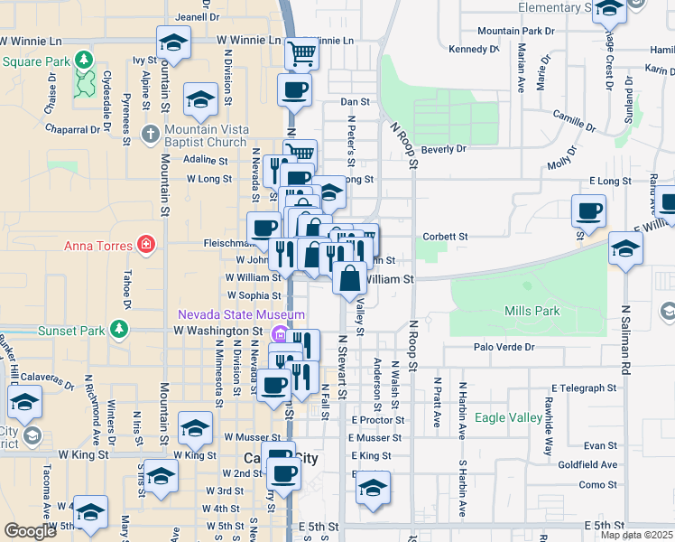 map of restaurants, bars, coffee shops, grocery stores, and more near 309 North Stewart Street in Carson City