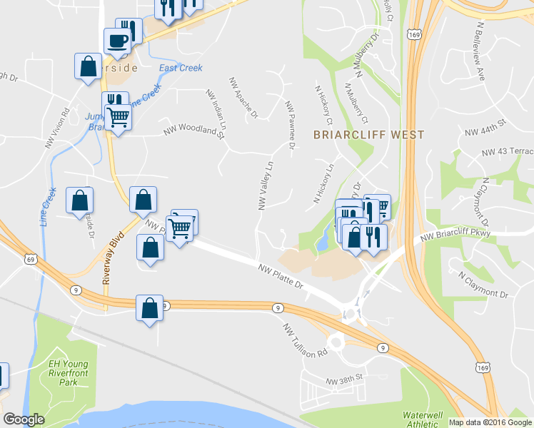 map of restaurants, bars, coffee shops, grocery stores, and more near 849 Northwest Valley Lane in Kansas City