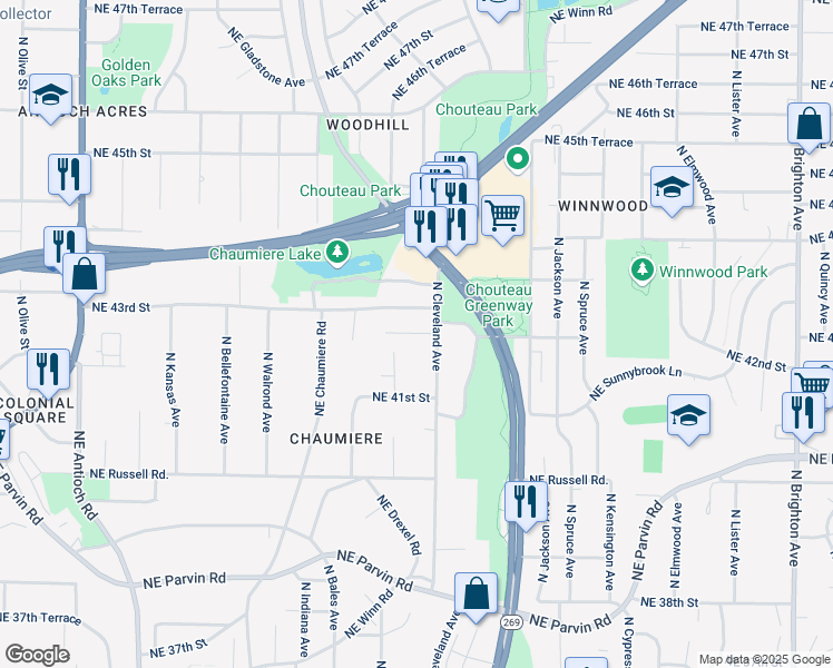 map of restaurants, bars, coffee shops, grocery stores, and more near 3716 Northeast 42nd Terrace in Kansas City