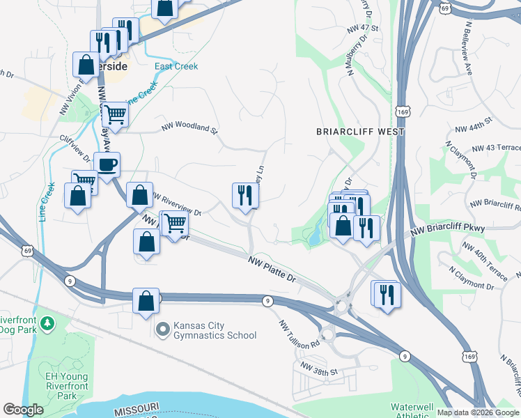 map of restaurants, bars, coffee shops, grocery stores, and more near 849 Northwest Valley Lane in Kansas City