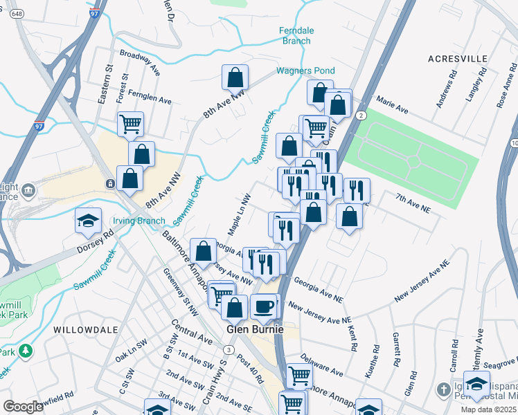 map of restaurants, bars, coffee shops, grocery stores, and more near 22 Glenoak Lane Northwest in Glen Burnie