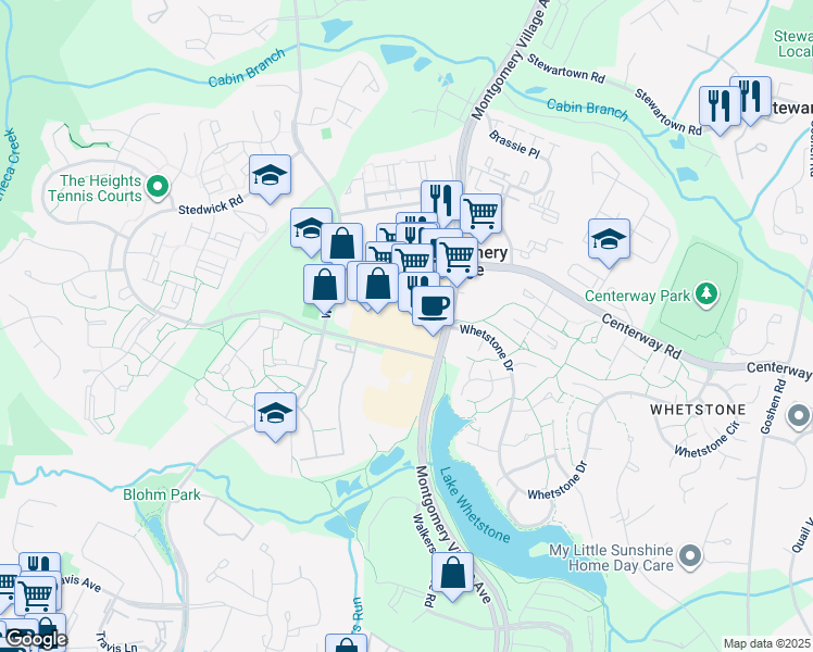 map of restaurants, bars, coffee shops, grocery stores, and more near 19110 Montgomery Village Avenue in Gaithersburg