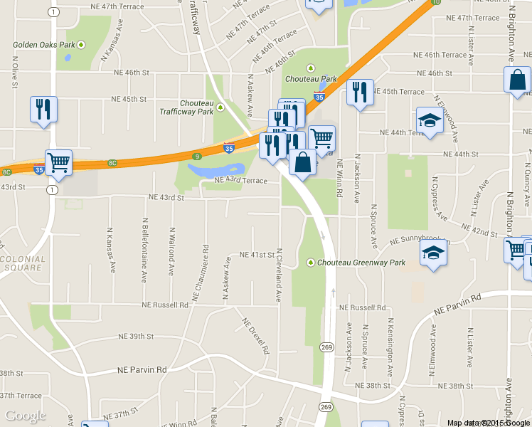 map of restaurants, bars, coffee shops, grocery stores, and more near 3712 Northeast 42nd Terrace in Kansas City