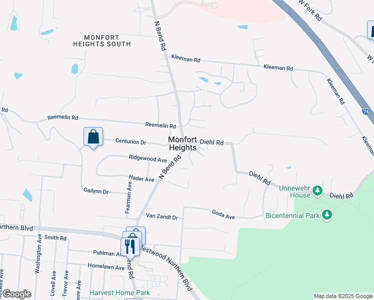 map of restaurants, bars, coffee shops, grocery stores, and more near in Monfort Heights