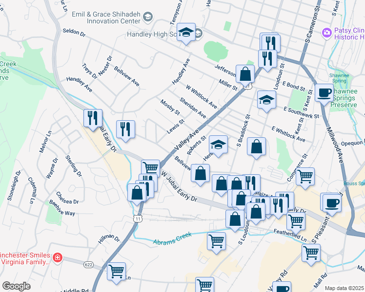 map of restaurants, bars, coffee shops, grocery stores, and more near 1700 Valley Avenue in Winchester