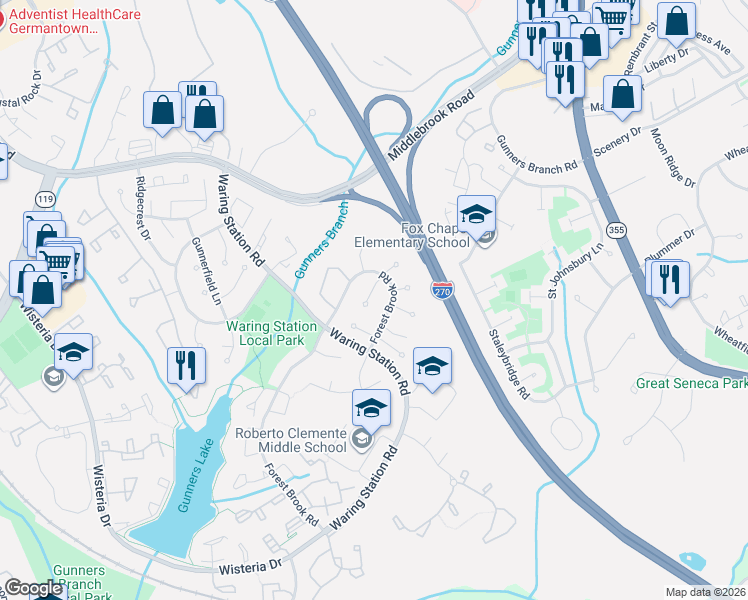 map of restaurants, bars, coffee shops, grocery stores, and more near 12006 Rushworth Terrace in Germantown