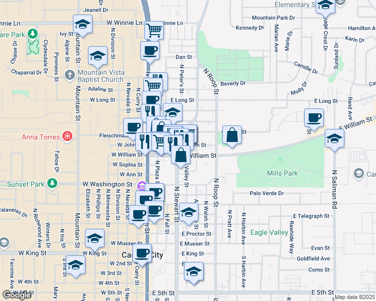 map of restaurants, bars, coffee shops, grocery stores, and more near 444 East William Street in Carson City