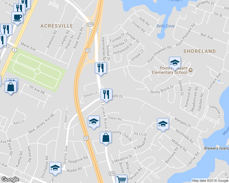map of restaurants, bars, coffee shops, grocery stores, and more near 110 Margate Drive in Glen Burnie