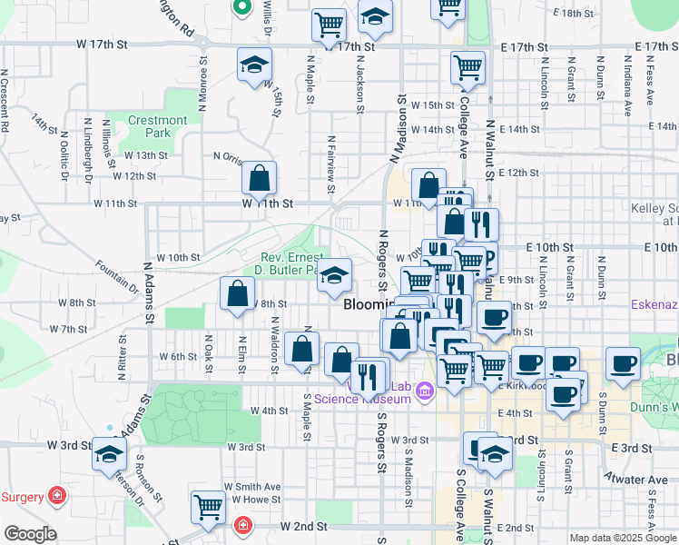 map of restaurants, bars, coffee shops, grocery stores, and more near 524 North Fairview Street in Bloomington