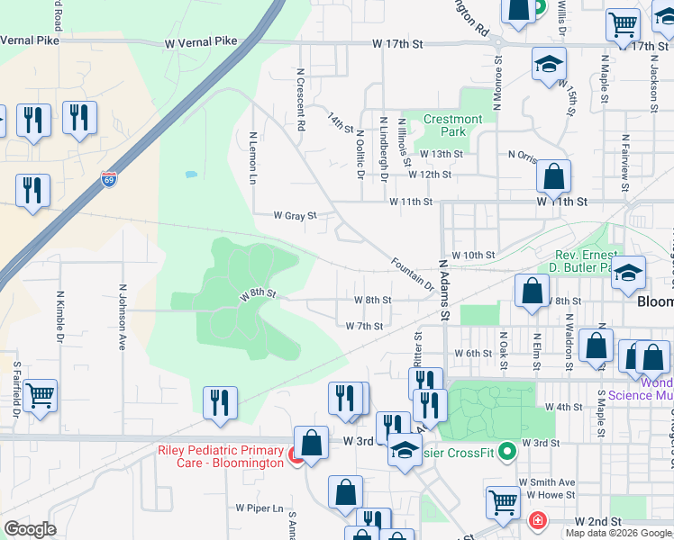 map of restaurants, bars, coffee shops, grocery stores, and more near 498 N Spring St in Bloomington