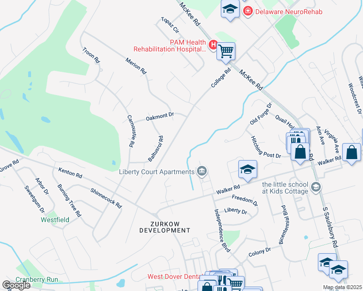map of restaurants, bars, coffee shops, grocery stores, and more near 1362 College Road in Dover