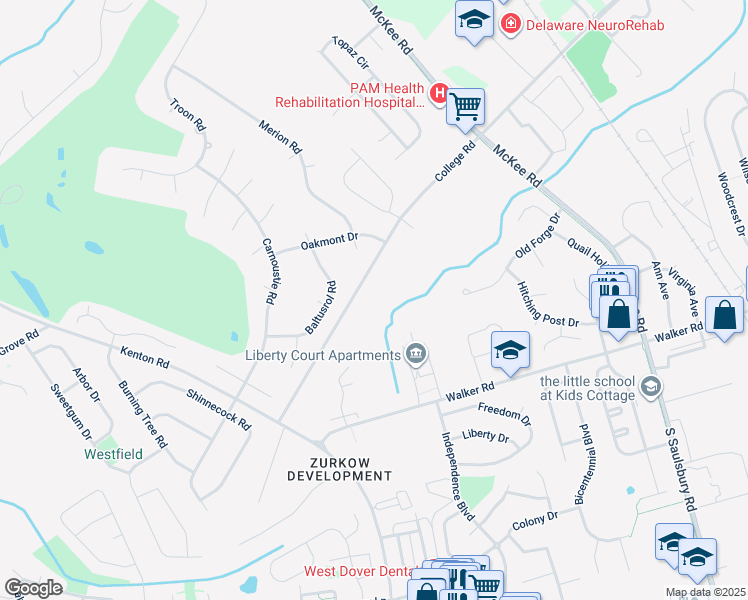 map of restaurants, bars, coffee shops, grocery stores, and more near 1362 College Road in Dover