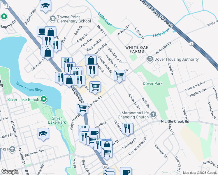 map of restaurants, bars, coffee shops, grocery stores, and more near 1001 White Oak Road in Dover