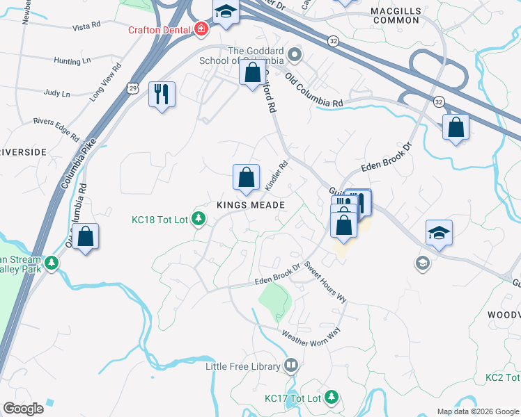 map of restaurants, bars, coffee shops, grocery stores, and more near 7267 Kindler Road in Columbia