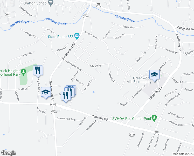 map of restaurants, bars, coffee shops, grocery stores, and more near 231 Farmington Boulevard in Winchester
