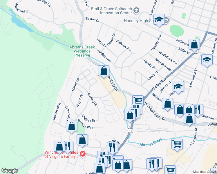 map of restaurants, bars, coffee shops, grocery stores, and more near 2913 Valley Avenue in Winchester
